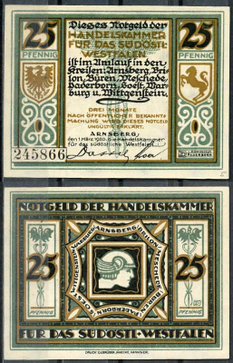 Германия, Арнсберг 25 пфеннигов 1920 нотгельд, 1.7.1919 Tie.0195/01  бумага  UNC (пресс) 444-82-3-1