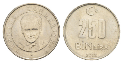 Турция 250000 лир 2002 Кемаль Ататюрк KM 1137 медь цинк никель 4648-1226