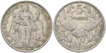 Французская Новая Каледония 5 франков 1991 птица кагу, (IEOM) KM 16, Schoen 12, Lec 79 алюминий 180-1122