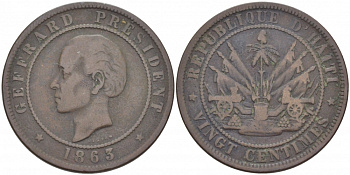 Гаити 20 сантимов 1863 Heaton, Президент Фабр Жеффрар KM 41 бронза 175-1015