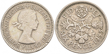 Великобритания 6 пенсов 1953 Елизавета II (1952-2022) KM 889, Spink 4141 медно-никель 4549-429