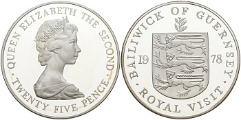 Гернси 25 пенсов 1978 Королевский визит, в оригинальной коробке KM 32a серебро PROOF 3-4-4-17