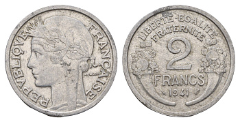 Франция 2 франка 1941 KM 886a.1, Le Franc 269.2 алюминий 4118-536