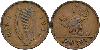 Ирландия 1 пенни 1942 курица с цыплятами KM 11 бронза 4144-1136