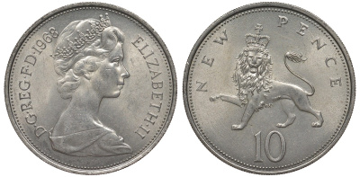 Великобритания 10 пенсов 1968 Елизавета II (1952-2022) KM 912, Spink 4231 (F1) медно-никель 4123-826