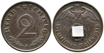 ГЕРМАНИЯ 2 РЕЙХСПФЕННИГА 1938 A KM 90, J. 362 бронза 24-811