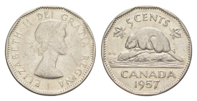 Канада 5 центов 1957 Елизавета II (1952-2022), бобр KM 50a никель 4639-434