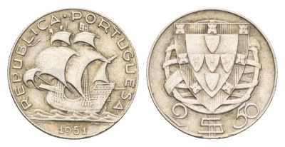 Португалия 2,5 (2 1/2) эскудо 1951 KM 580 серебро 4674-1034