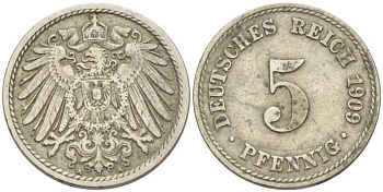 ГЕРМАНИЯ 5 ПФЕННИГОВ 1909 А KM 11, J. 12 медно-никель 206-1226