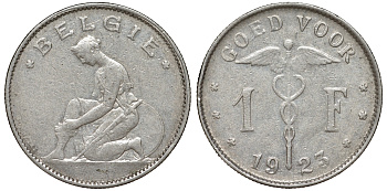 Бельгия 1 франк 1923 Belgie, Альберт I (1909-1934) KM 90 никель 51-1145