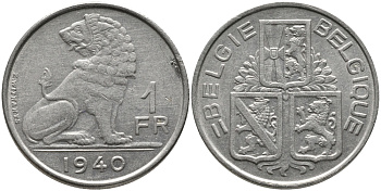 БЕЛЬГИЯ 1 ФРАНК 1940 BELGIE-BELGIQUE KM 120 никель 4385-1053