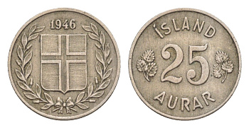 Исландия 25 эйре 1946 KM 11 медно-никель 4617-353