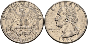 США 25 центов (квотер) 1996 D, Вашингтон KM А164а медь плакированная медно-никелем    4603-1012