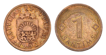 Латвия 1 сантим 1992 KM 15 сталь плакированная медью 105-345