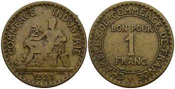 Франция 1 франк 1923 KM 876 алюминиевая бронза 4601-731