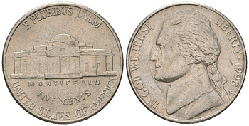 США 5 центов 1998 P, Томас Джефферсон KM A192 медно-никель aUNC 216-547