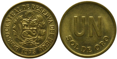 Перу 1 соль 1975 KM 266.1, Schon 66 латунь UNC 4532-542