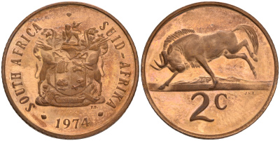 ЮАР 2 цента 1974 герб, антилопа гну KM 83 бронза UNC 4561-715