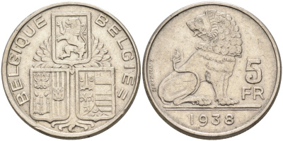 Бельгия 5 франков 1938 Belgique-Belgie KM 116.1 никель    4595-127