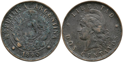 Аргентина 2 сентаво 1890 голова свободы влево KM 8 бронза 4531-945