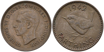 Великобритания 1 фартинг 1942 Георг VI (1936-1952) KM 843, Spink 4116 бронза 4596-963