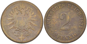 ГЕРМАНИЯ 2 ПФЕННИГА 1874 С, СТАРОГЕРБОВКА KM 2, J. 2, Weege 3 медь 212-456