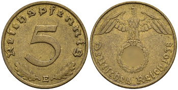 Германия 5 рейхспфеннигов 1938 E KM 91, J. 363 алюминиевая бронза 4151-852
