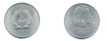 ГДР 20 марок 1972 А, Фридрих Шиллер (1759-1805) KM 40 медно-никель 3333-733