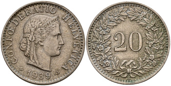Швейцария 20 раппенов 1939 B KM 29a медно-никель 4187-755