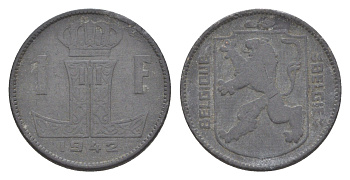 Бельгия 1 франк 1942 Belgie - Belgique, Леопольд III (1934-1947), германская оккупация, Вторая мировая война KM 127 цинк 4636-155