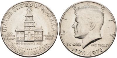 США 50 центов = 1/2 доллара 1976 200 лет независимости (1776-1976), Кеннеди KM 205 медь плакированная медно-никелем 88-1011