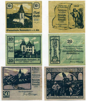 Австрия, Кематен-ан-дер-Кремс набор из 3 банкнот 10, 20, 50 геллеров 1920 31 декабря 1920, нотгельд, земля Верхняя Австрия   бумага  UNC (пресс) 7555-26-1-2