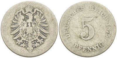ГЕРМАНИЯ 5 ПФЕННИГОВ 1875 G, СТАРОГЕРБОВКА KM 3, J. 3, Weege 5 медно-никель 211-611