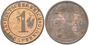 ГЕРМАНИЯ 1 РЕЙХСПФЕННИГ 1936 A KM 37, J. 313, Weege 2 бронза 206-852