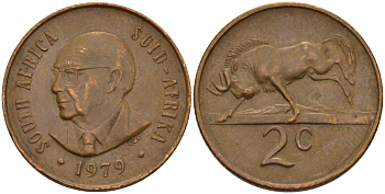 ЮАР 2 ЦЕНТА 1979 ПРЕЗИДЕНТ НИКОЛААС ЙОХАННЕС ДИДЕРИХС, АНТИЛОПА ГНУ KM 99 бронза 67-324