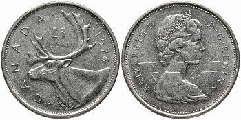 Канада 25 центов 1976 олень карибу, Елизавета II (1952-2022) KM 62b никель 4175-236