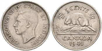 Канада 5 центов 1941 бобр, Георг VI (1937-1952) KM 33 никель 73-1211