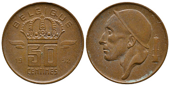 БЕЛЬГИЯ 50 САНТИМОВ 1952 BELGIQUE КМ 144 бронза 56-1136