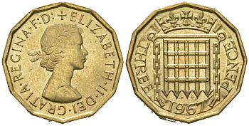 Великобритания 3 пенса 1967 Елизавета II (1952-2022) KM 900, Spink 4153 никель латунь UNC 4163-827