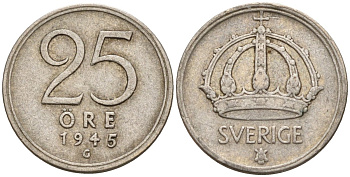 Швеция 25 эре 1945 G, Густав V (1907-1950) KM 816 серебро 4147-961