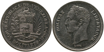 Венесуэла 2 боливара 1989 Combinations : 2 + B, Werdohl Metalworks KM 43a.2 сталь плакированная никелем 4529-211