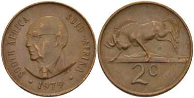 ЮАР 2 ЦЕНТА 1979 ПРЕЗИДЕНТ НИКОЛААС ЙОХАННЕС ДИДЕРИХС, АНТИЛОПА ГНУ KM 99 бронза 67-324