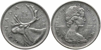 Канада 25 центов 1976 олень карибу, Елизавета II (1952-2022) KM 62b никель 4175-236