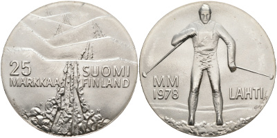 Финляндия 25 марок 1978 K-N, 21 Чемпионат мира по лыжным видам спорта 1978 в Лахти KM 56 серебро 4552-921