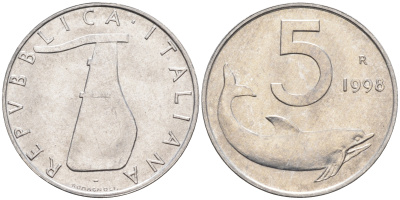 Италия 5 лир 1998 R, дельфин KM 92 алюминий  UNC  4594-933
