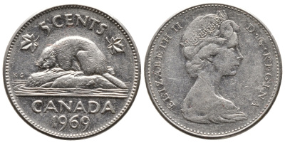 КАНАДА 5 ЦЕНТОВ 1969 БОБЕР, ЕЛИЗАВЕТА II KM 60.1 никель 73-1657