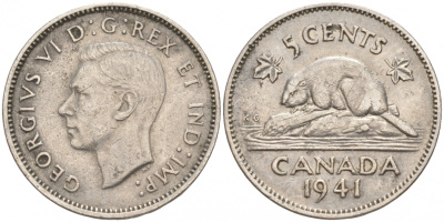 Канада 5 центов 1941 бобр, Георг VI (1937-1952) KM 33 никель 73-1211