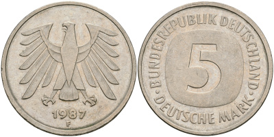 ФРГ 5 марок 1987 F, J. 415 медно-никель плакированный никелем 08-632