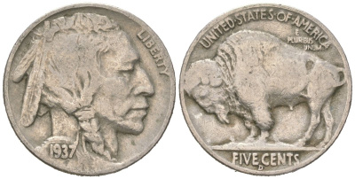 США 5 центов 1937 D, индеец, бизон KM 134 медно-никель 4602-731