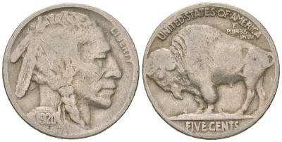 США 5 центов 1920 индеец, бизон KM 134 медно-никель 4614-1042